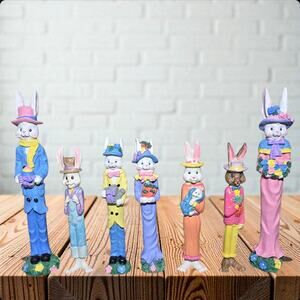 Set of 7 Vintage Primitive Resin Bunny Figurines Easter Farmhouse Rabbit Family